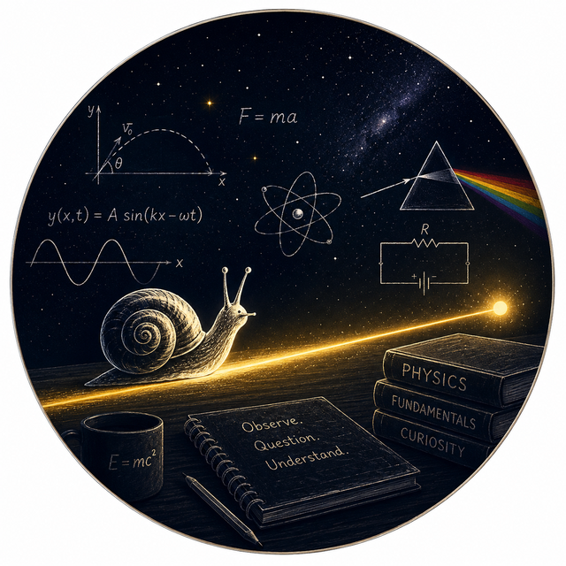 Symbolic profile image for the physics repository: a snail on a light beam with physics diagrams and a notebook.